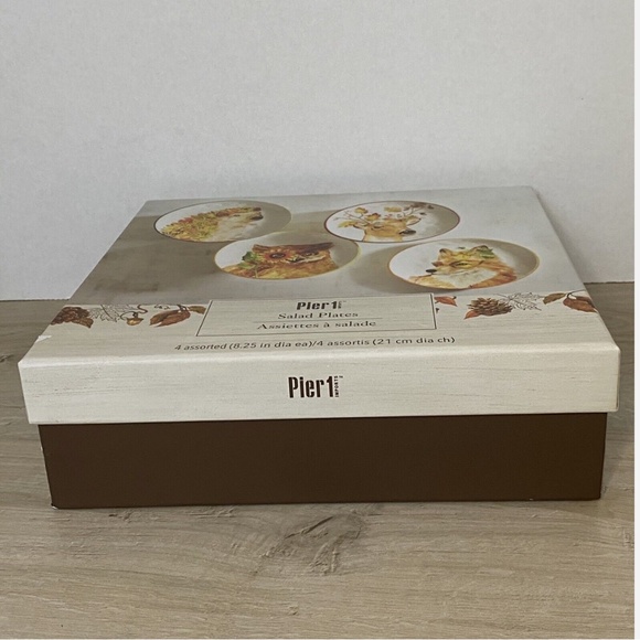 Pier 1~Fall Woodland Animals Set of 4~Salad Plates~New Open Box Hand Painted - Picture 3 of 9